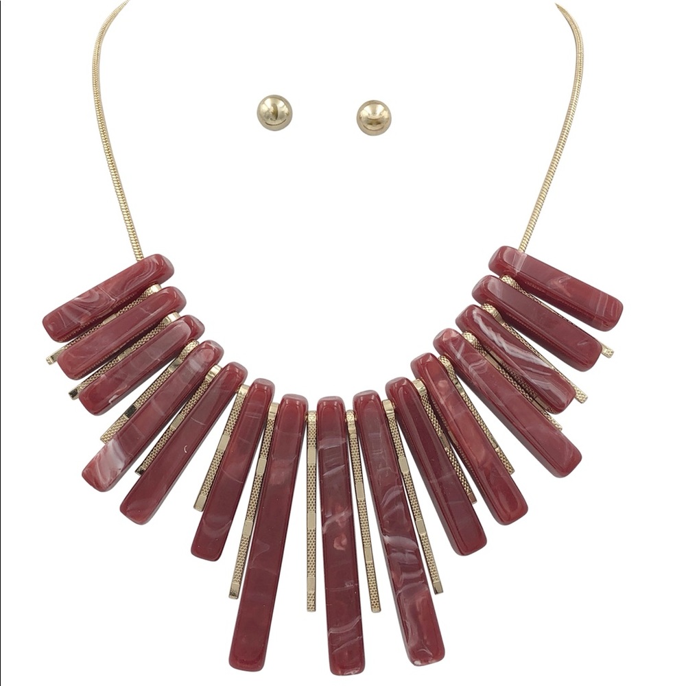 Large Red Bar Flared Necklace Earrings Set
